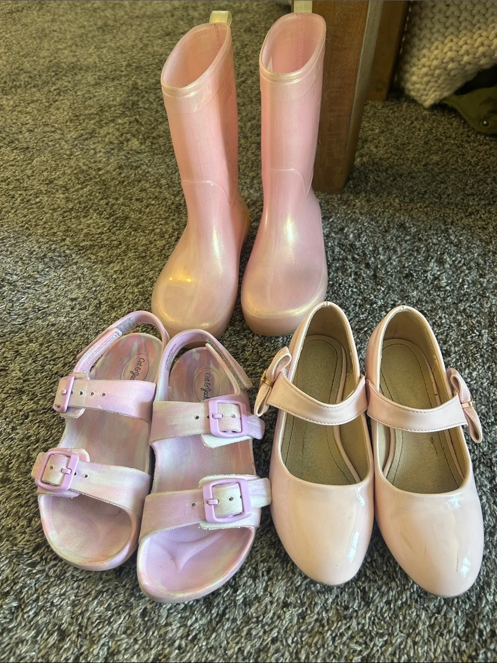 3 pairs girls shoes. Sandals size 11, heels and boots size 12